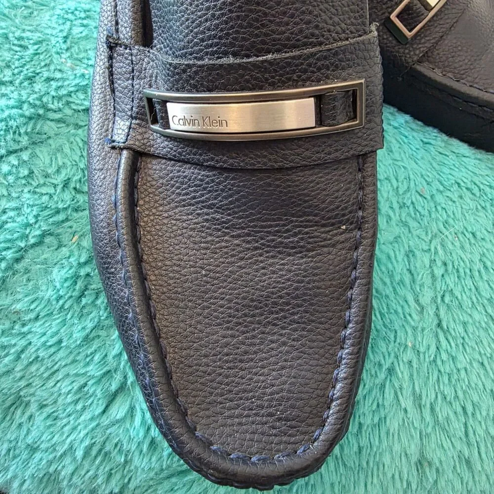 Calvin Klein Men's Navy Blue Leather Loafer Slip On Square Toe Logo Metal Bar